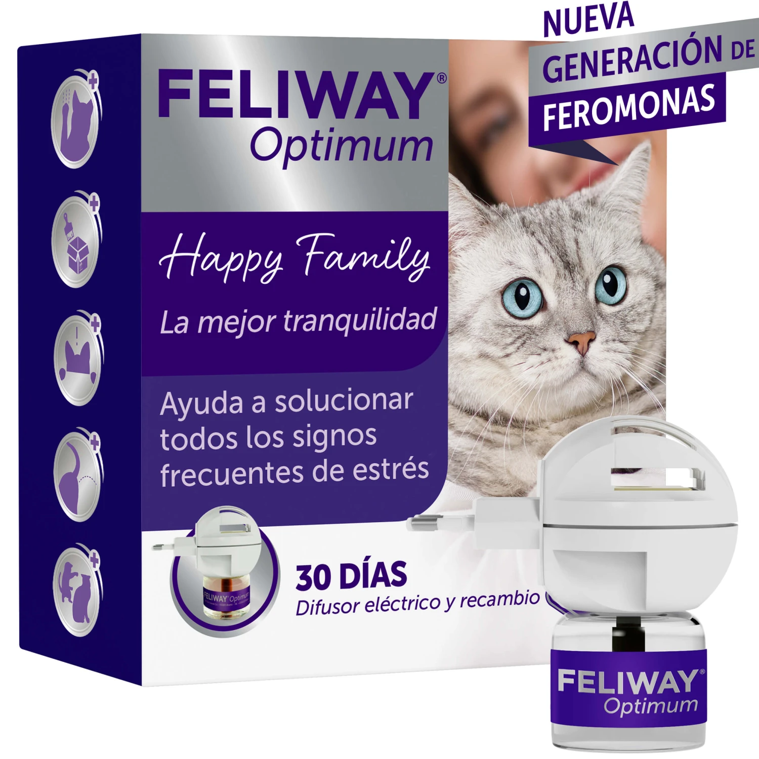 Feliway Optimum Antiestrés Para Gatos Difusor + Recambio 48ml 3 Feliway Optimum Antiestrés Para Gatos Difusor + Recambio 48ml